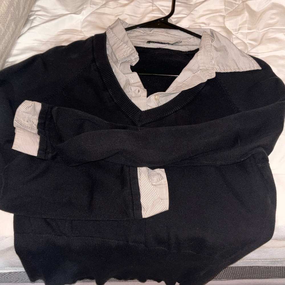 2 in 1 Black with White Striped Collar Sweater